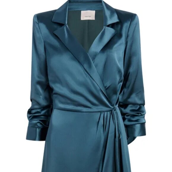 NWT$465 Cinq à Sept Sabina Satin Wrap Mini Dress Ruched Sleeves Sz 6 (S-M) - Picture 16 of 16